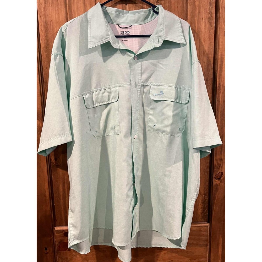 IZOD Saltwater Button Up Shirt Mens Size 2XL Green Short Sleeve Vented‎ Fishing